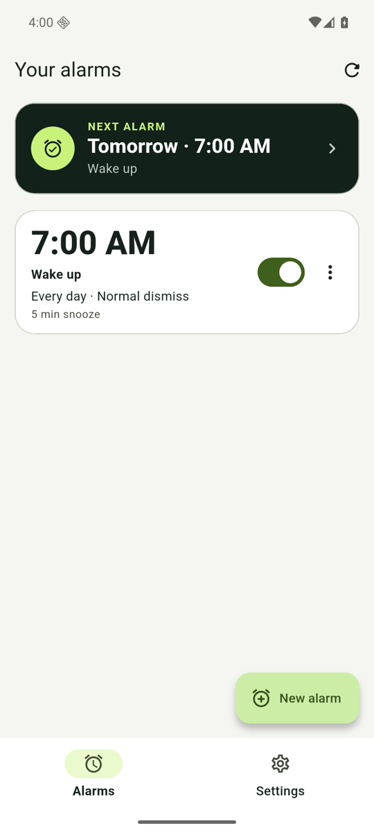 RiseReady alarm list showing the next alarm and a normal daily alarm