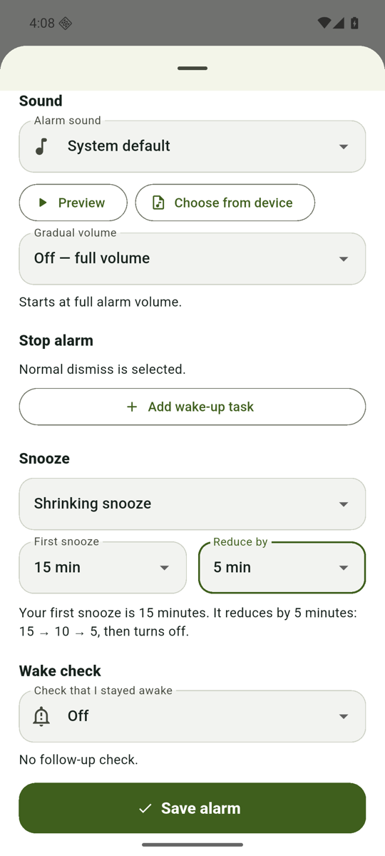 RiseReady shrinking snooze settings showing a 15, 10, 5, then off sequence